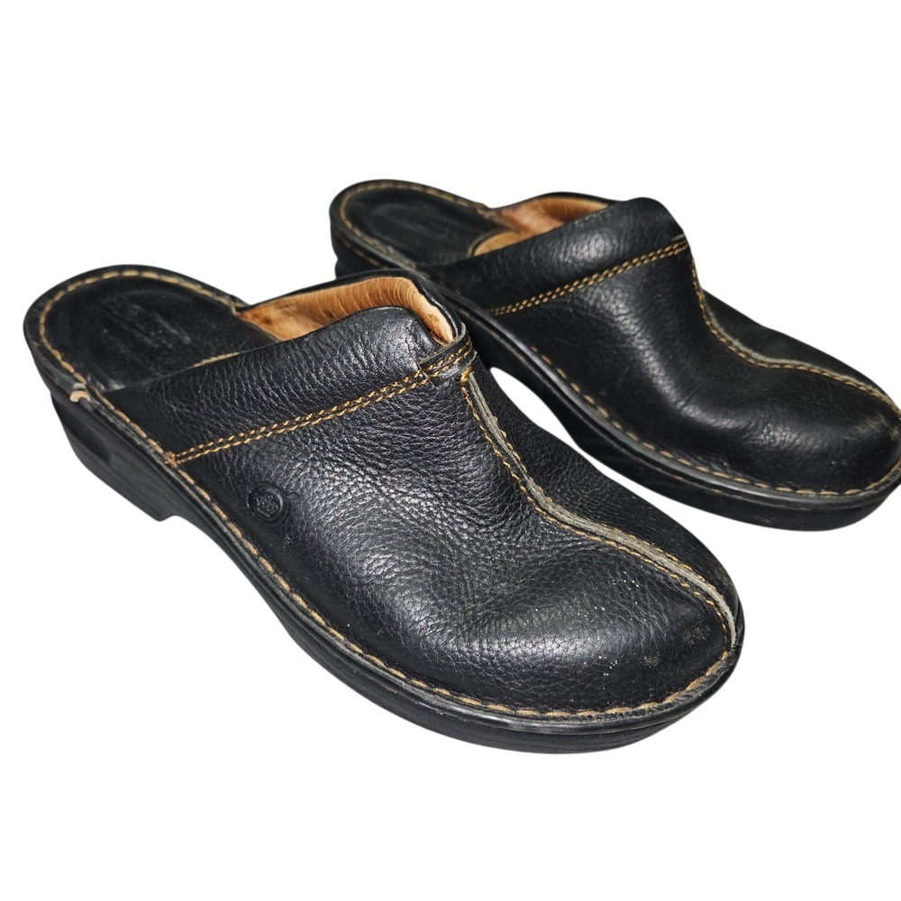 Born VTG Leather Mule Clog Black Contrast Stitch Sz 6